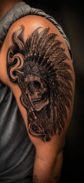 Portrait and headdress tattoo