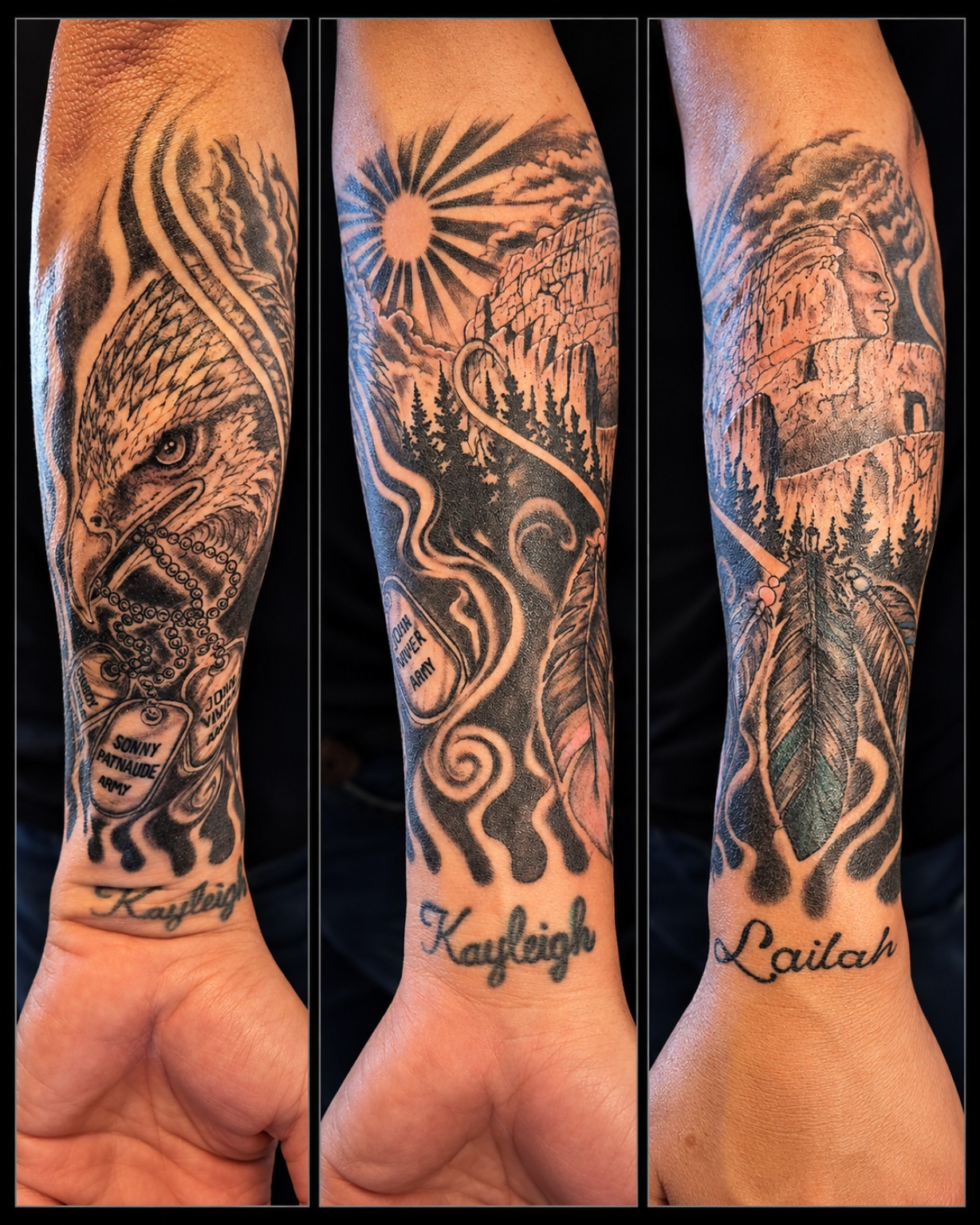 Three views of a forearm tattoo with an eagle, dog tags, monument, and feathers